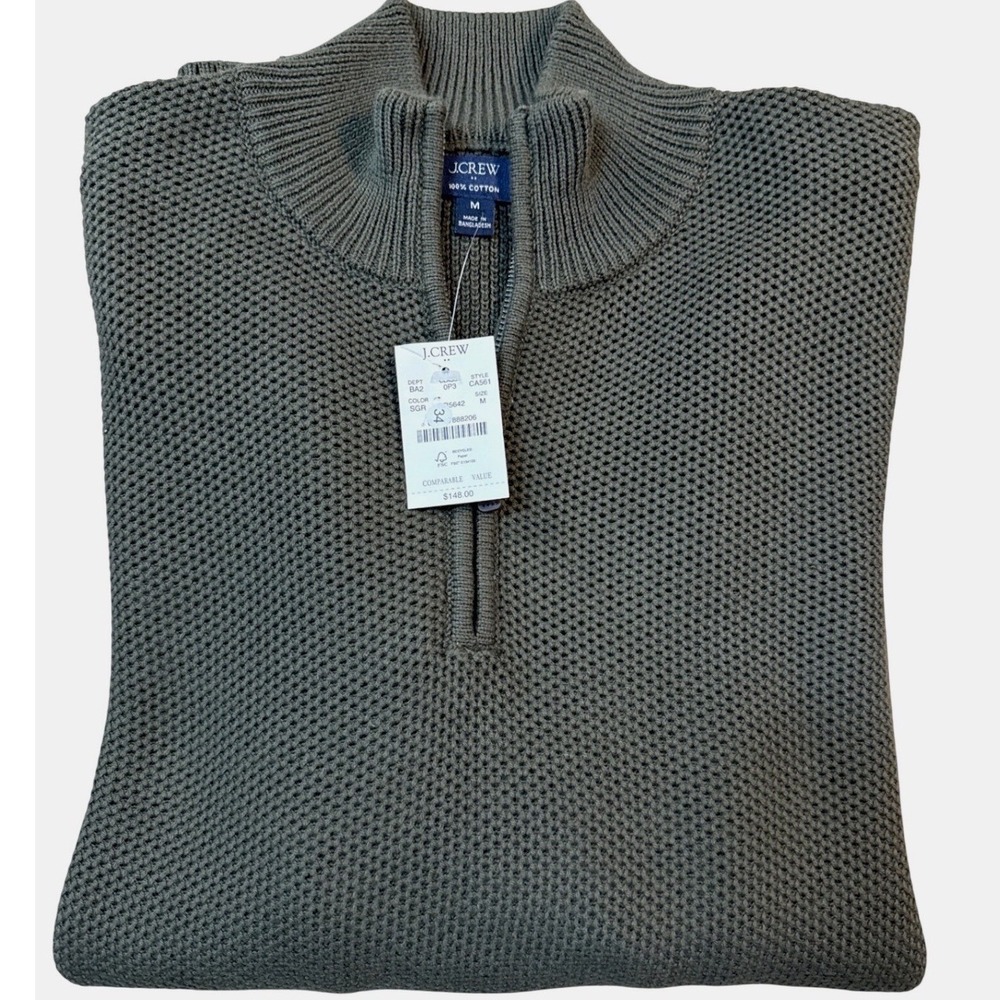 J.Crew Olive Quarter-Zip Sweater Men Size M Waffle Knit 100% Cotton